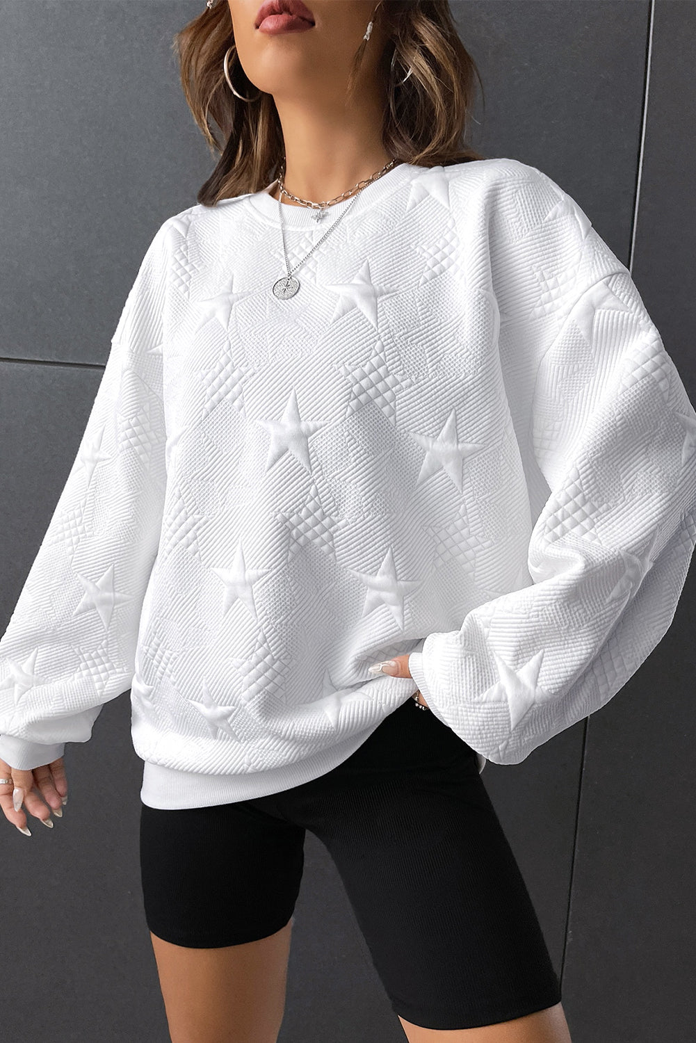 Peach Blossom Star Embossed Textured Drop Shoulder Sweatshirt