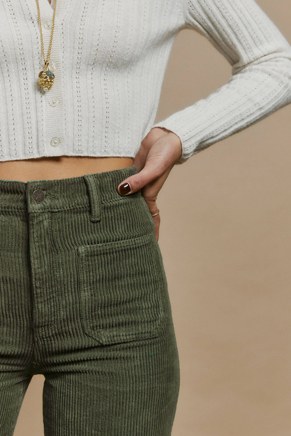 Green High Waist Square Pockets Corduroy Pants