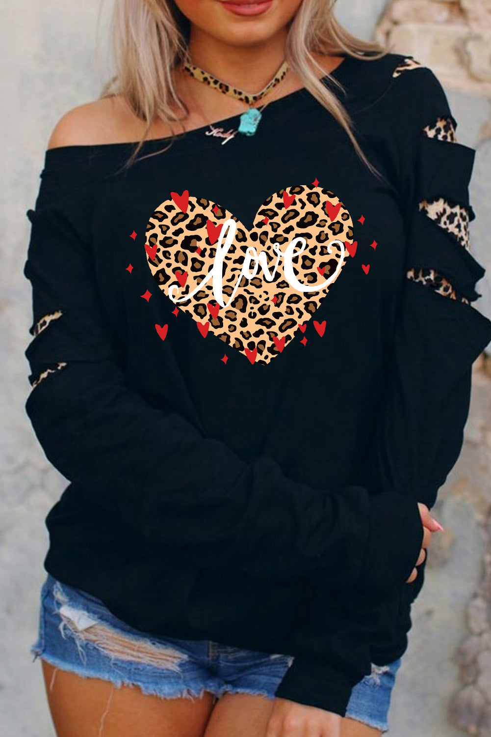 Love Leopard Heart Print Cut-out Long Sleeve Sweatshirt