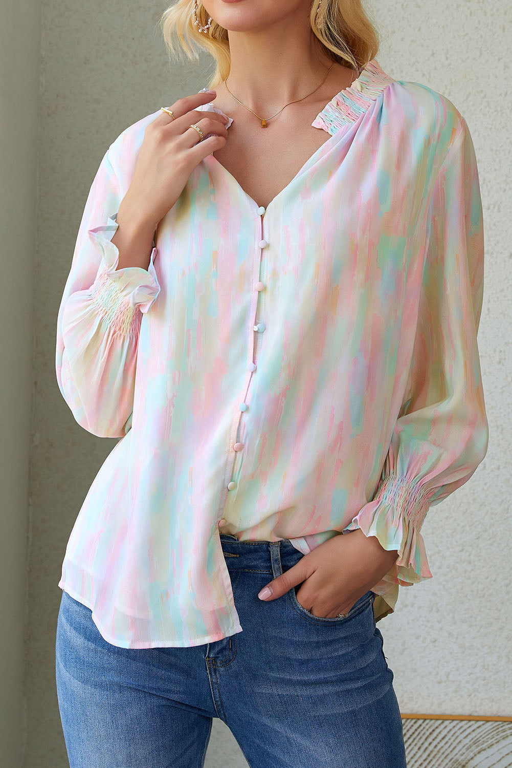 Multicolor Abstract Print Frilled Buttoned Long Sleeve Shirt