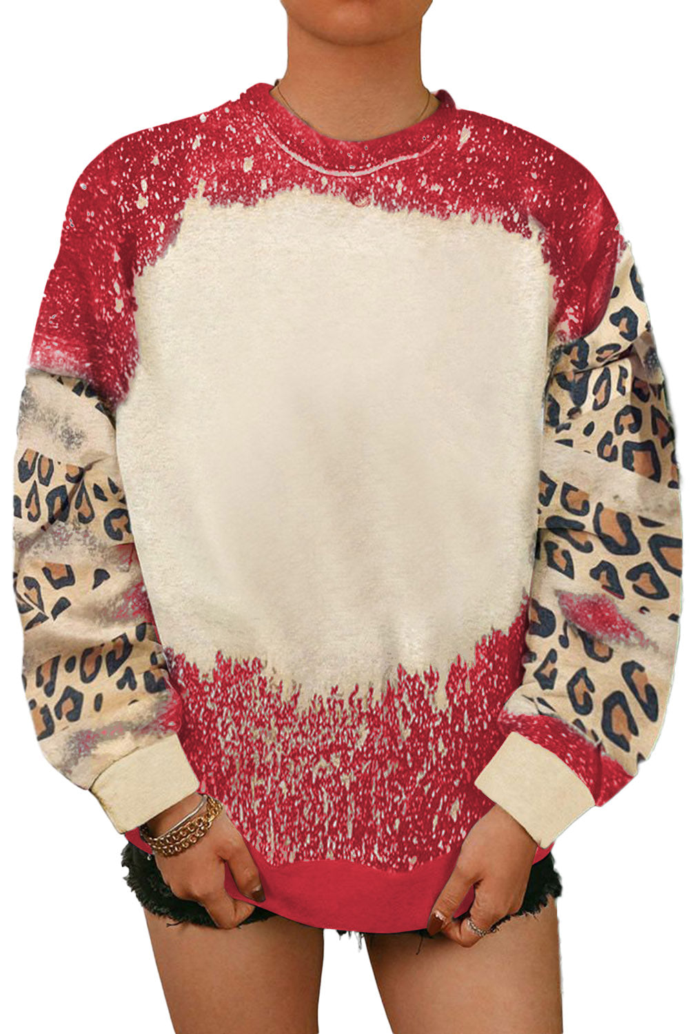 Feuriges rotes Batik-Sweatshirt mit Leopardenmuster und überschnittener Schulter
