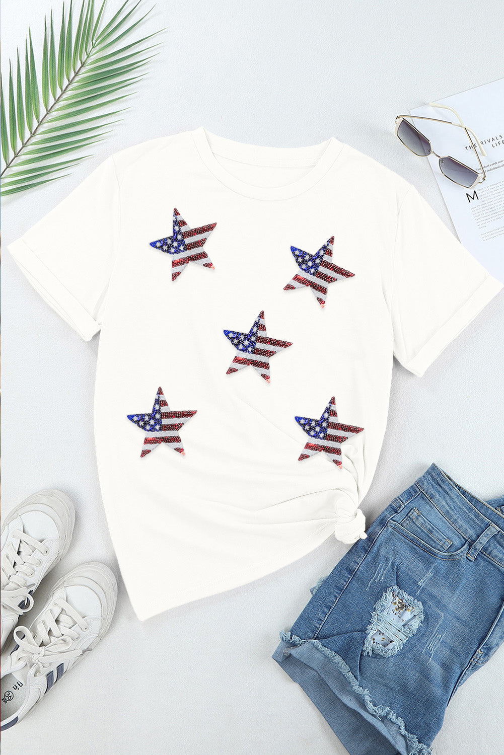 Bela majica z grafiko zvezde ameriške zastave z bleščicami