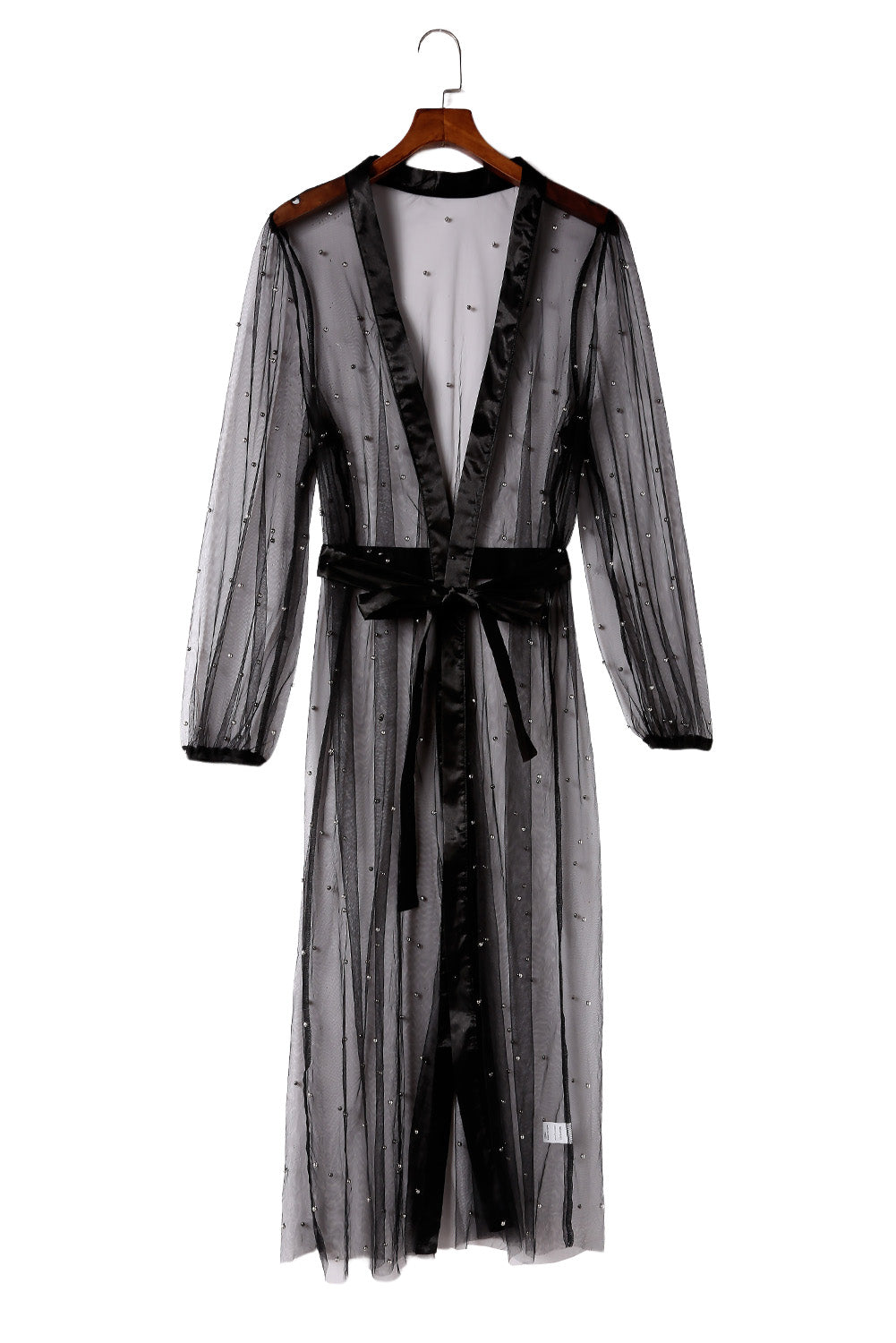 Kimono plumeau noir en tulle transparent orné