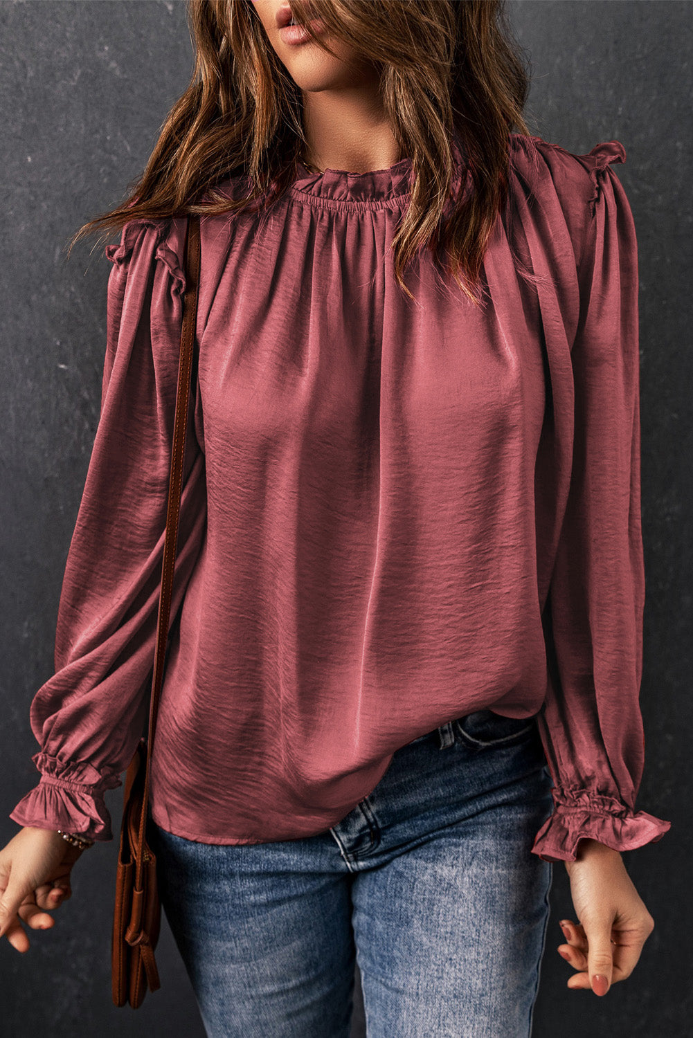 Fiery Red Frilled Neck Ruffled Long Sleeve Blouse