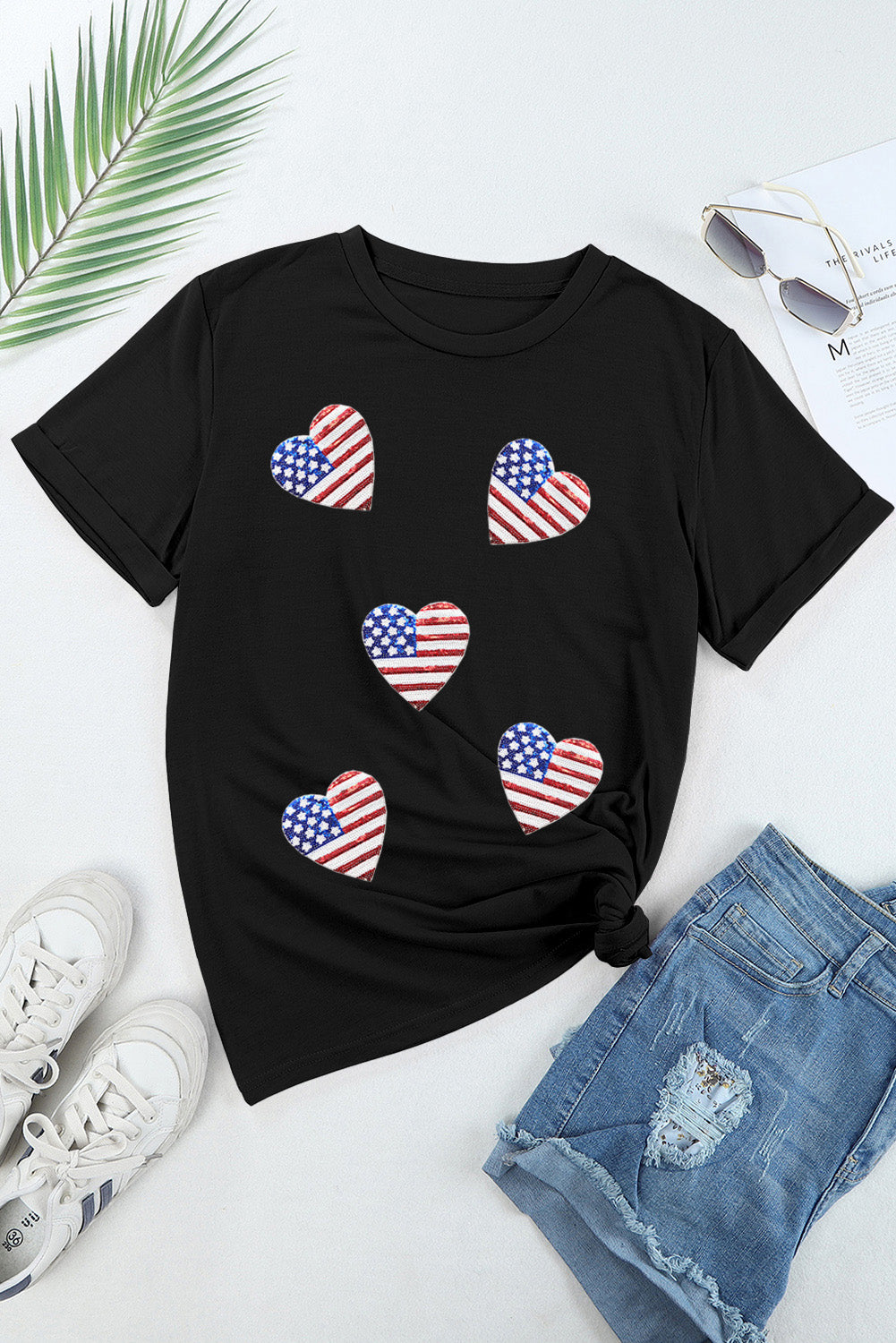 T-shirt noir à paillettes avec motif cœur et drapeau américain