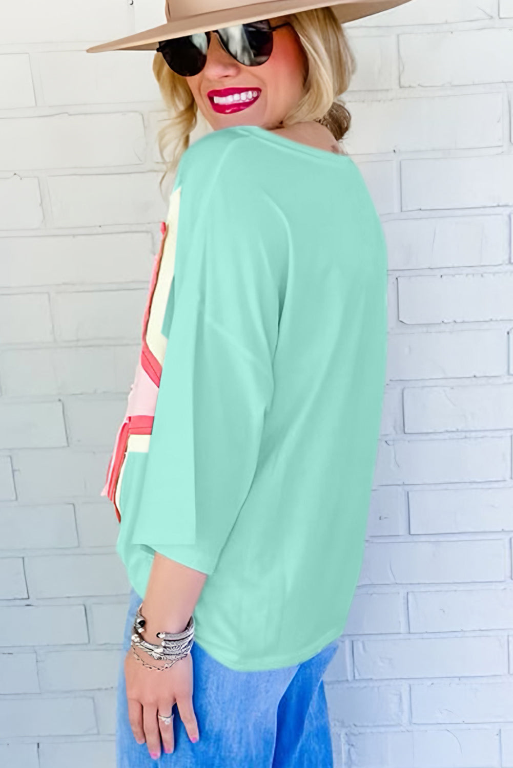 T-shirt oversize à manches mi-longues avec patch étoile Moonlight Jade Colorblock