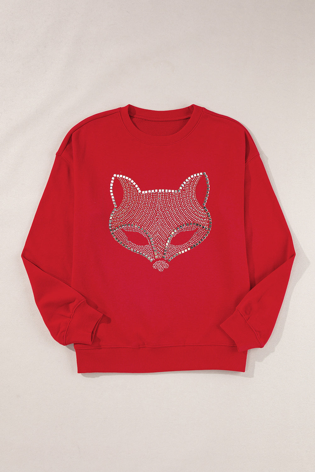 Felpa pullover con spalla cadente in volpe rossa con strass