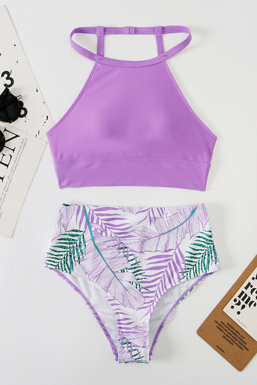 Costume da bagno a vita alta stampato bikini con spalline tinta unita viola