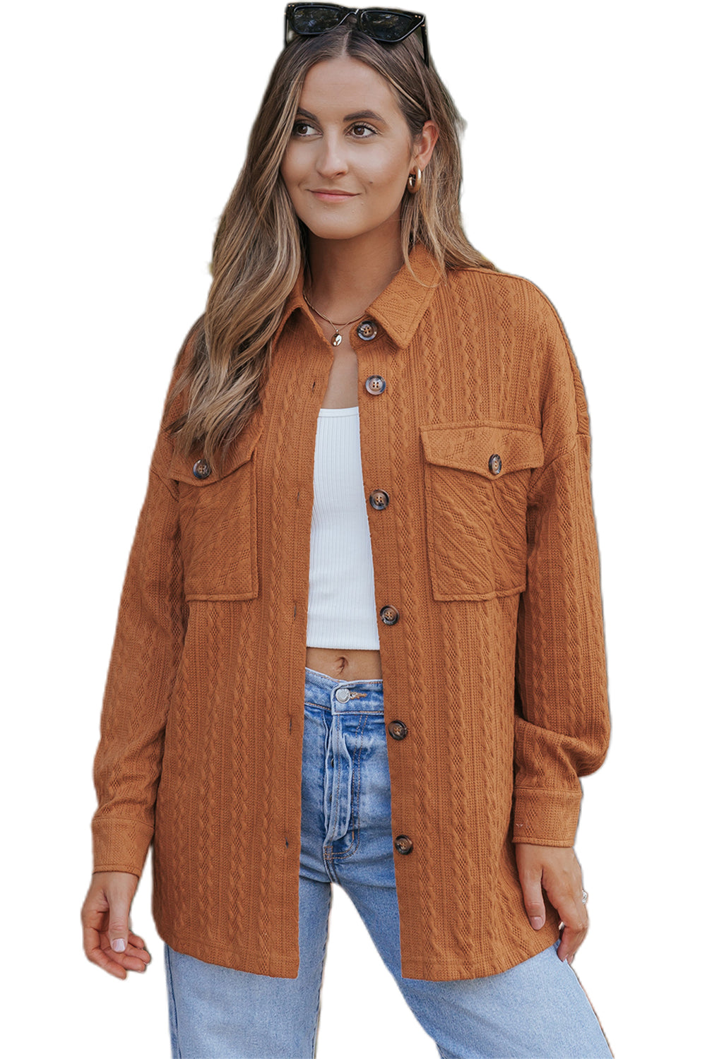 Oranžna teksturirana pletena velika jakna z žepom na zavihek