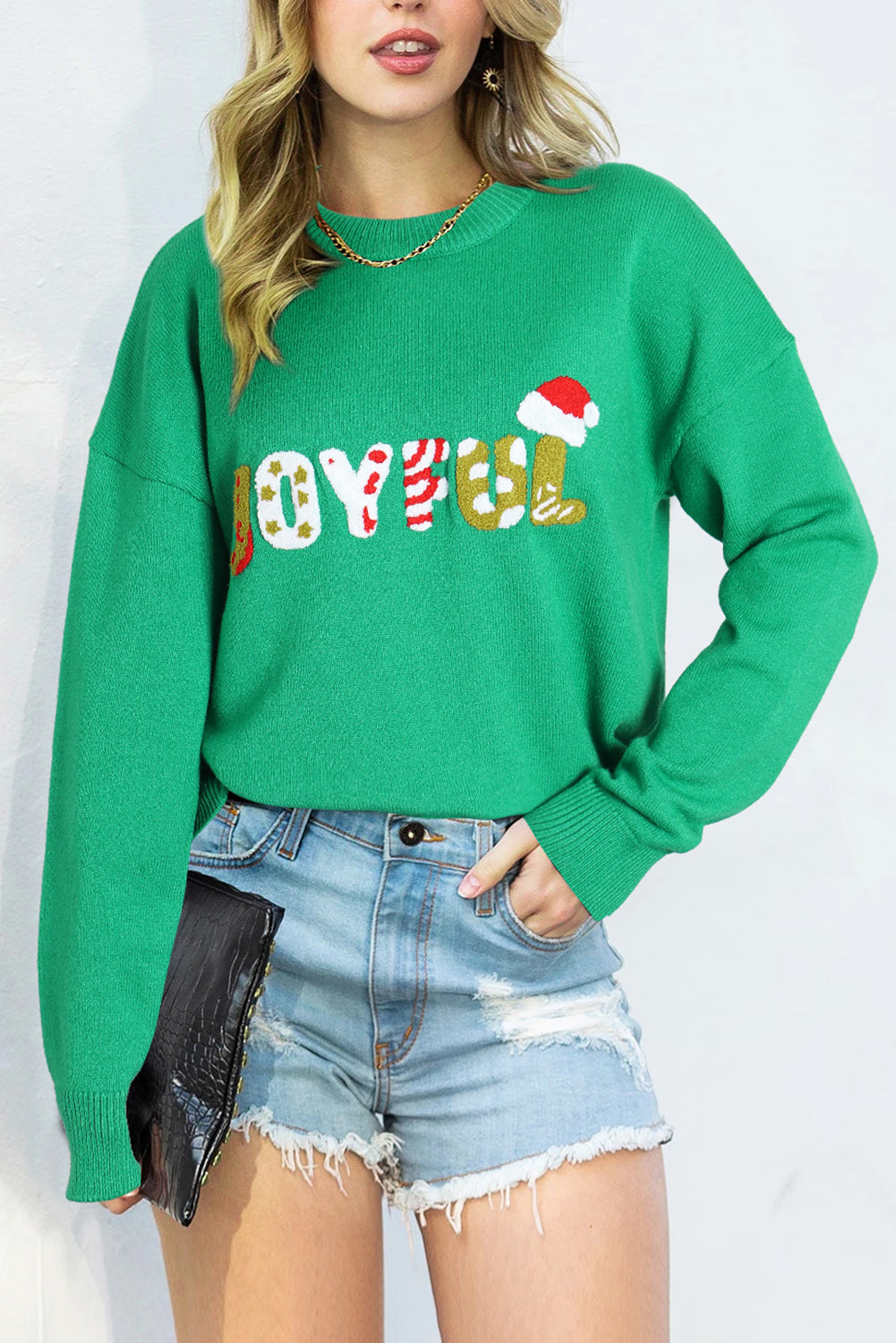 Maglione natalizio grafico JOYFUL con paillettes verde brillante
