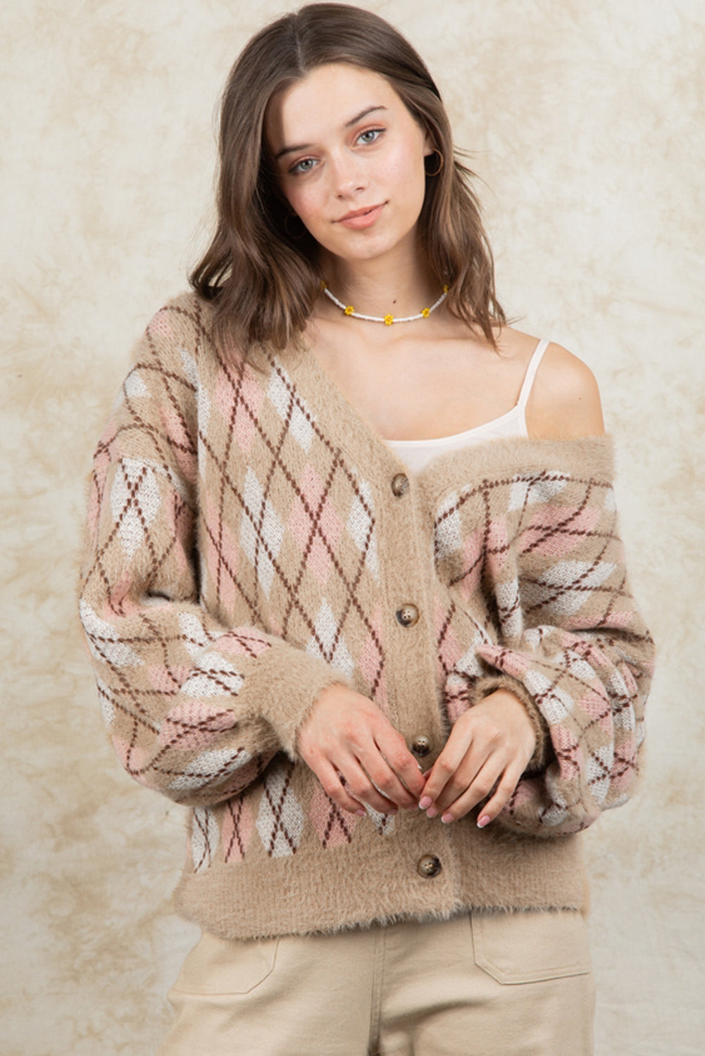 Cardigan pull en tricot à motif losange multicolore