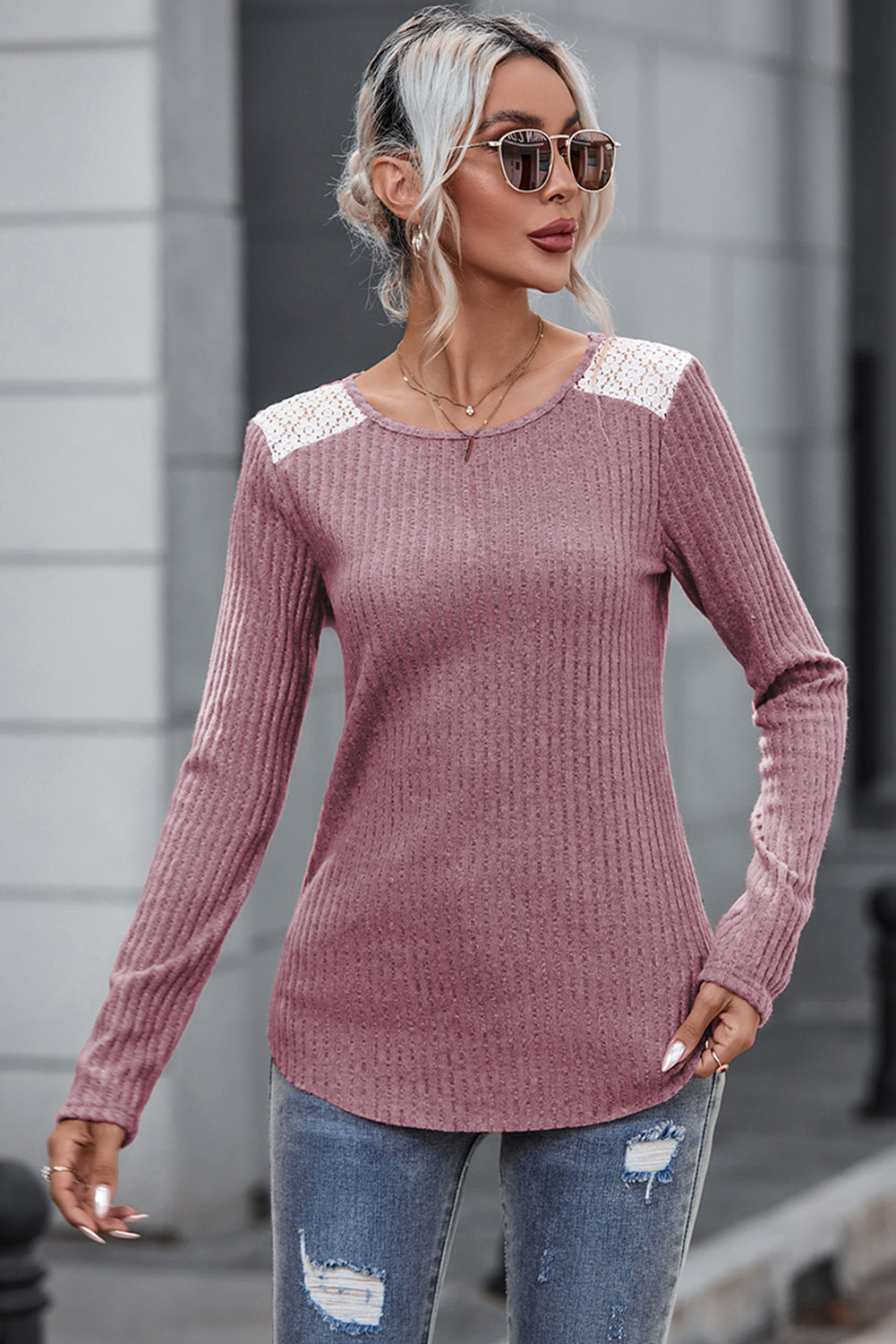 Pink Ribbed Knit Lace Patch Shoulder Casual Sweater