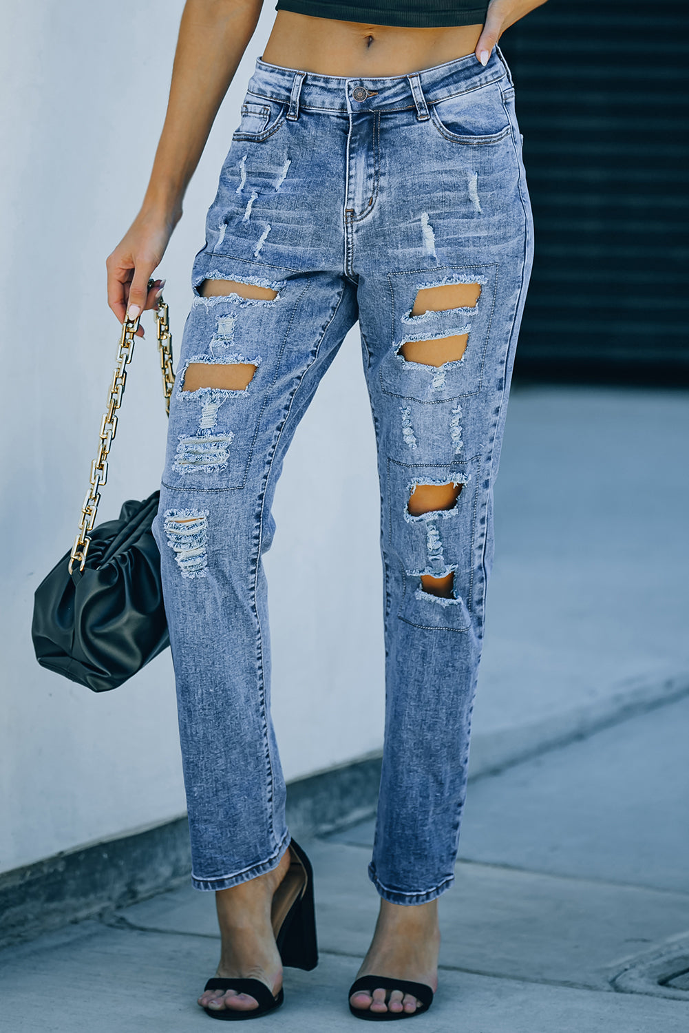 Sky Blue Buttoned Pockets Distressed Jeans