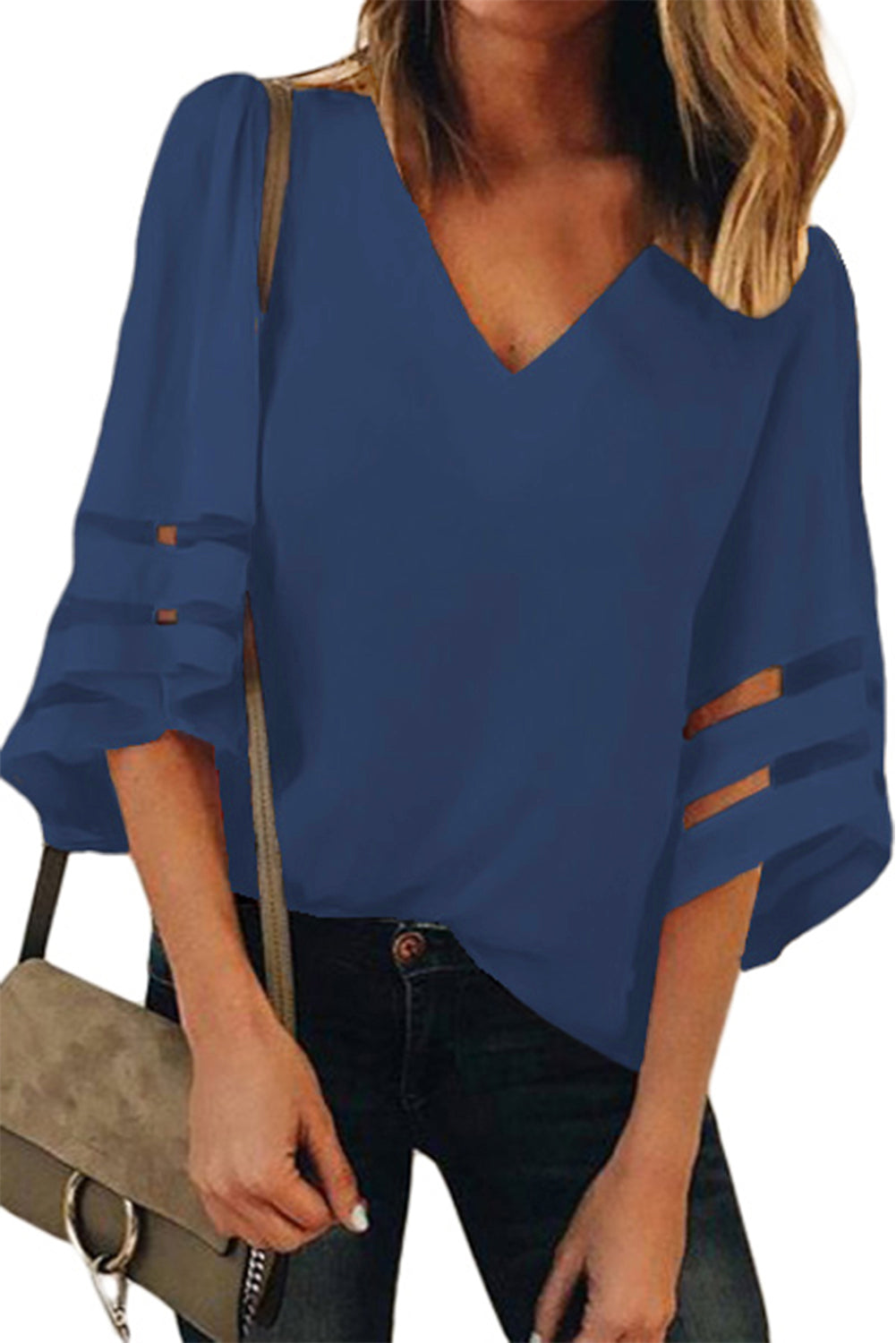 Modra ohlapna bluza z širokimi rokavi in ​​v-izrezom