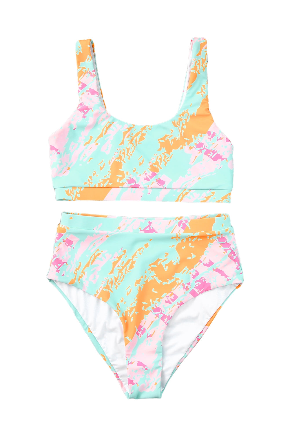Himmelblauer Bikini-Badeanzug mit abstraktem Wellen-Print und hoher Taille