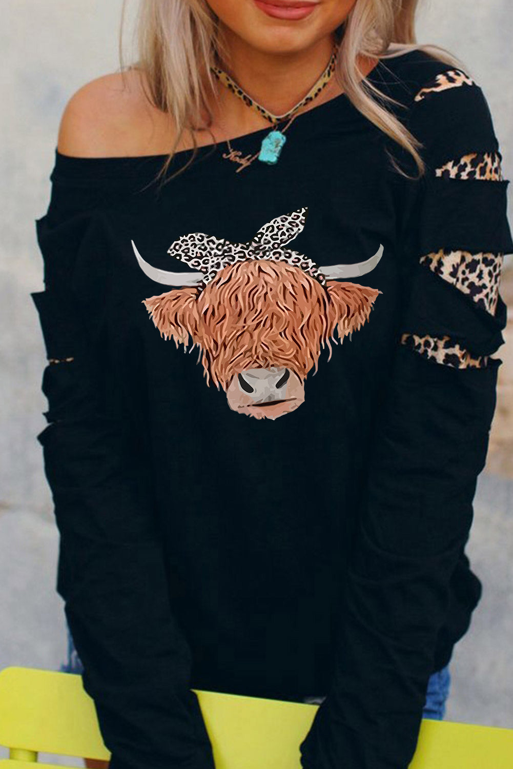 Leopard Cute Cattle Print Cut Out Long Sleeve Sweatshirt