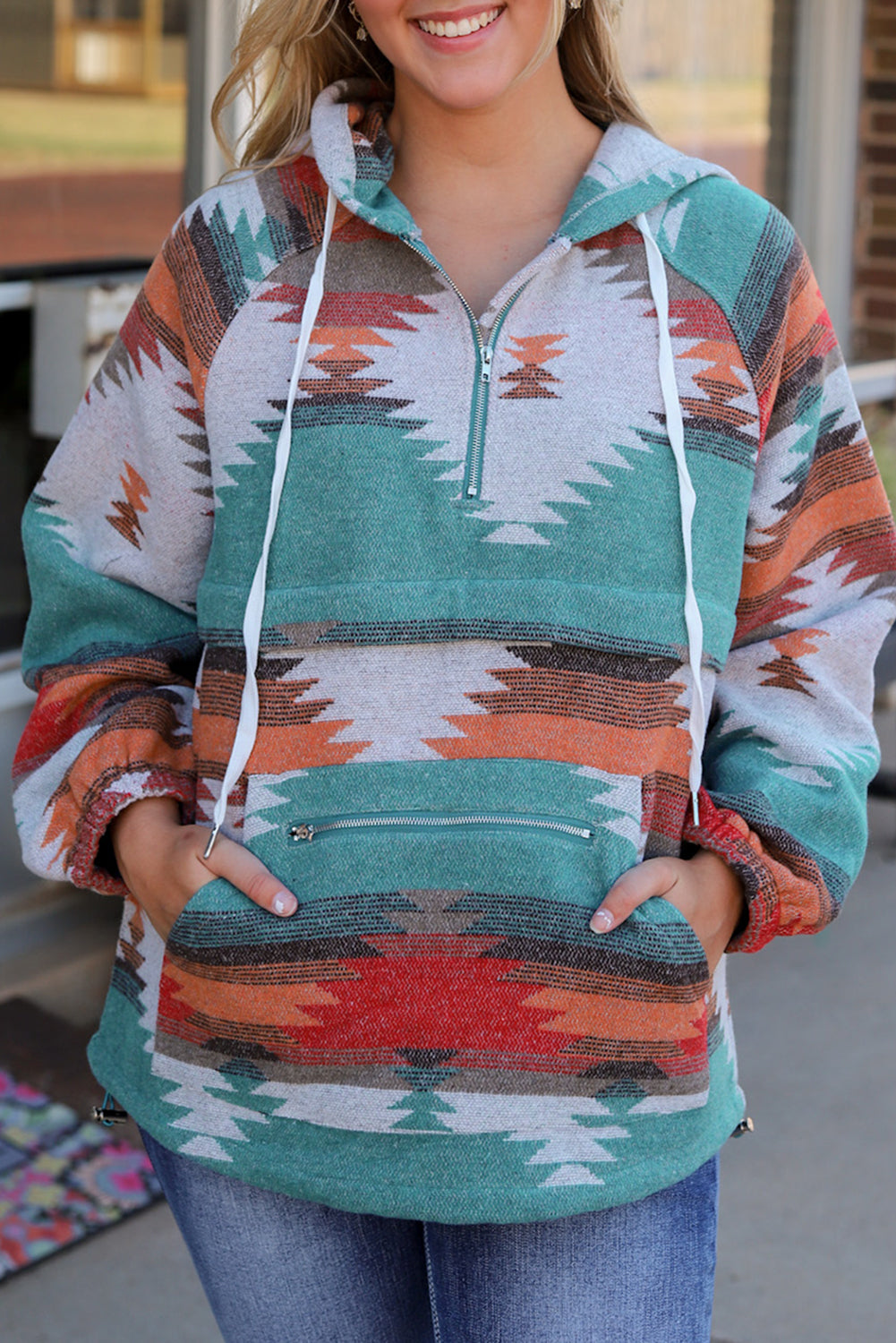 Večbarvni azteški pulover z zadrgo in razcepljenim ovratnikom