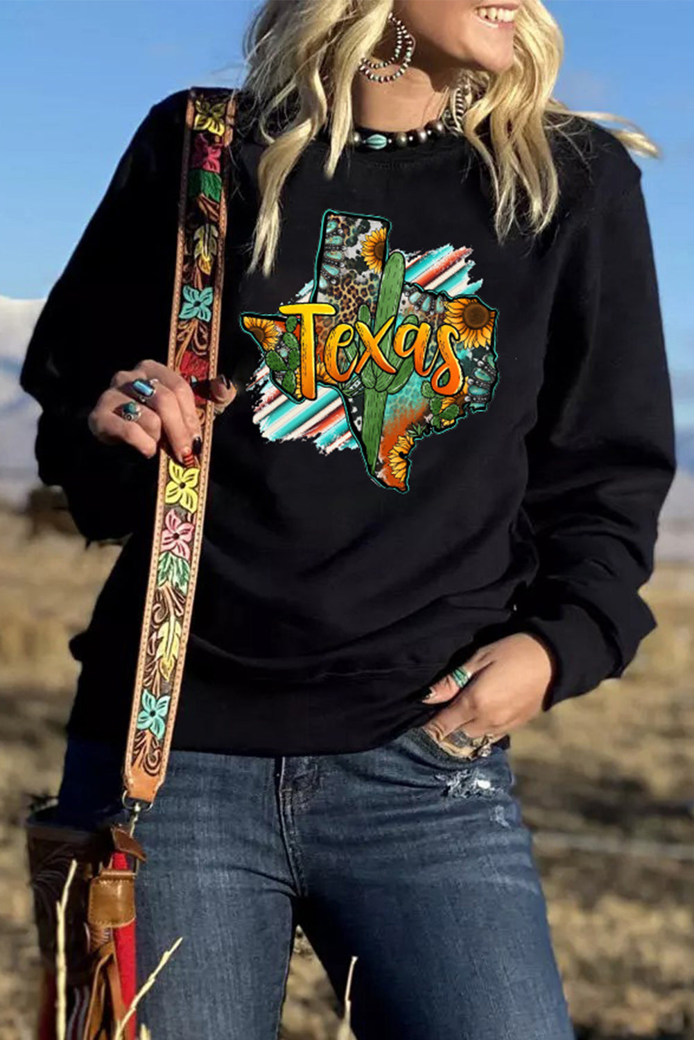 Texas Leopard Sunflower Turquoise Serape Cowboy Graphic Sweatshirt