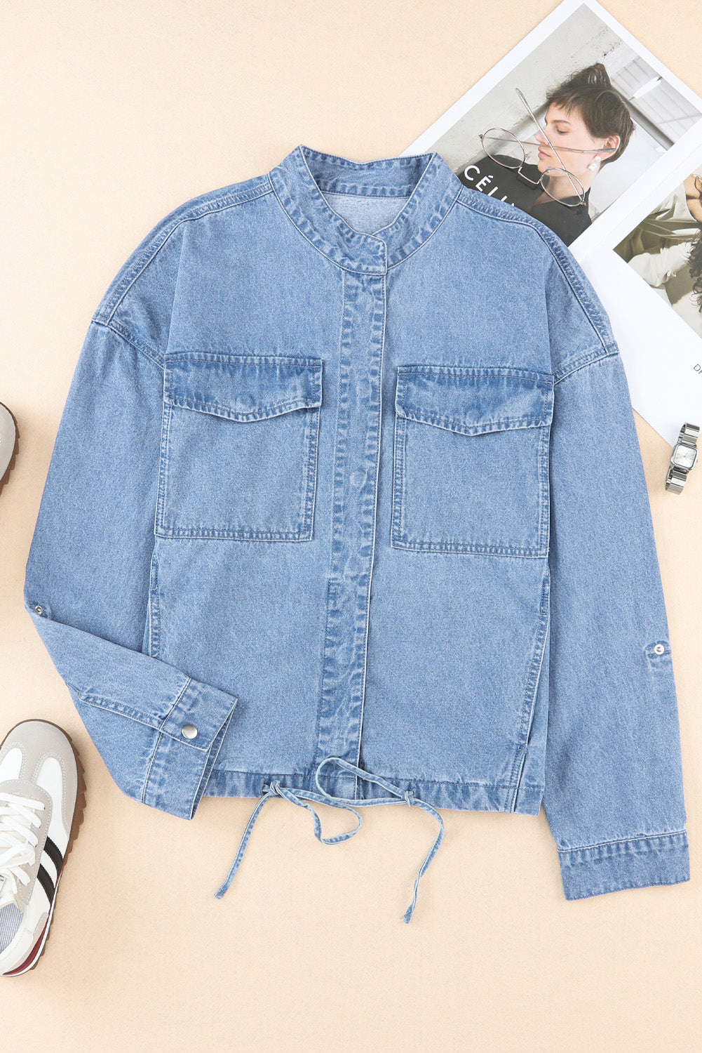 Sky Blue Roll-Up Tab Sleeve Button Down Pocket Denim Jacket