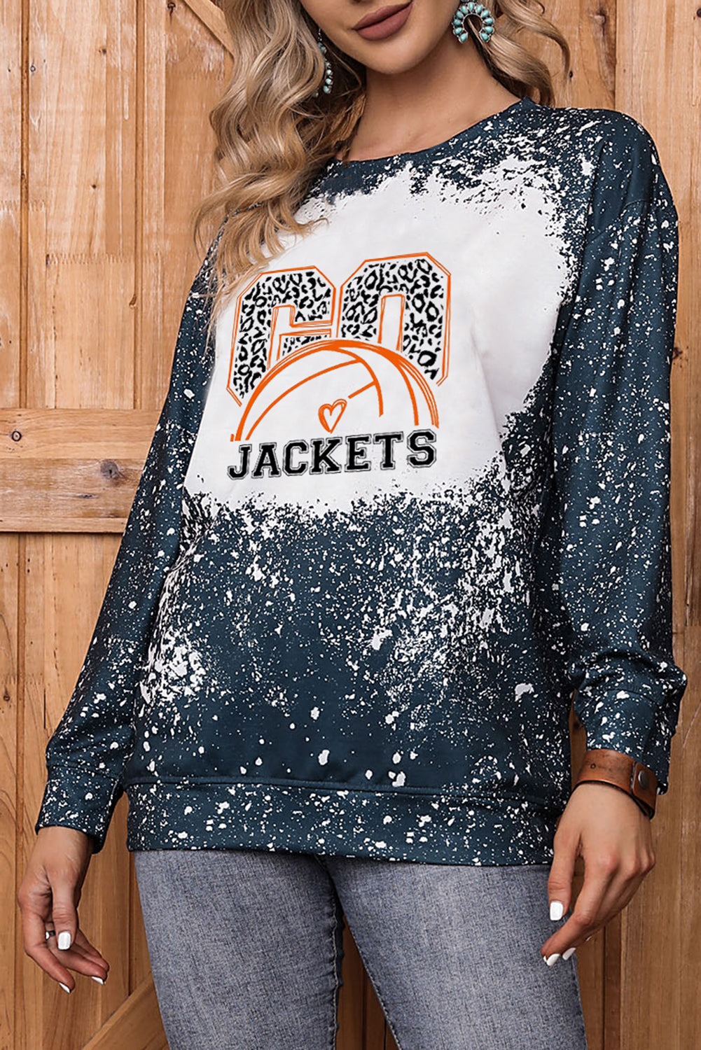 Blue GO JACKETS Leopard Graphic Print Long Sleeve Sweatshirt