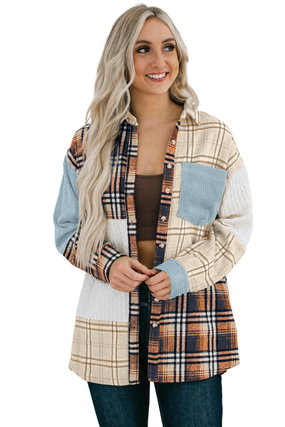 Blau karierte Hemdjacke im Farbblock-Patchwork mit Tasche