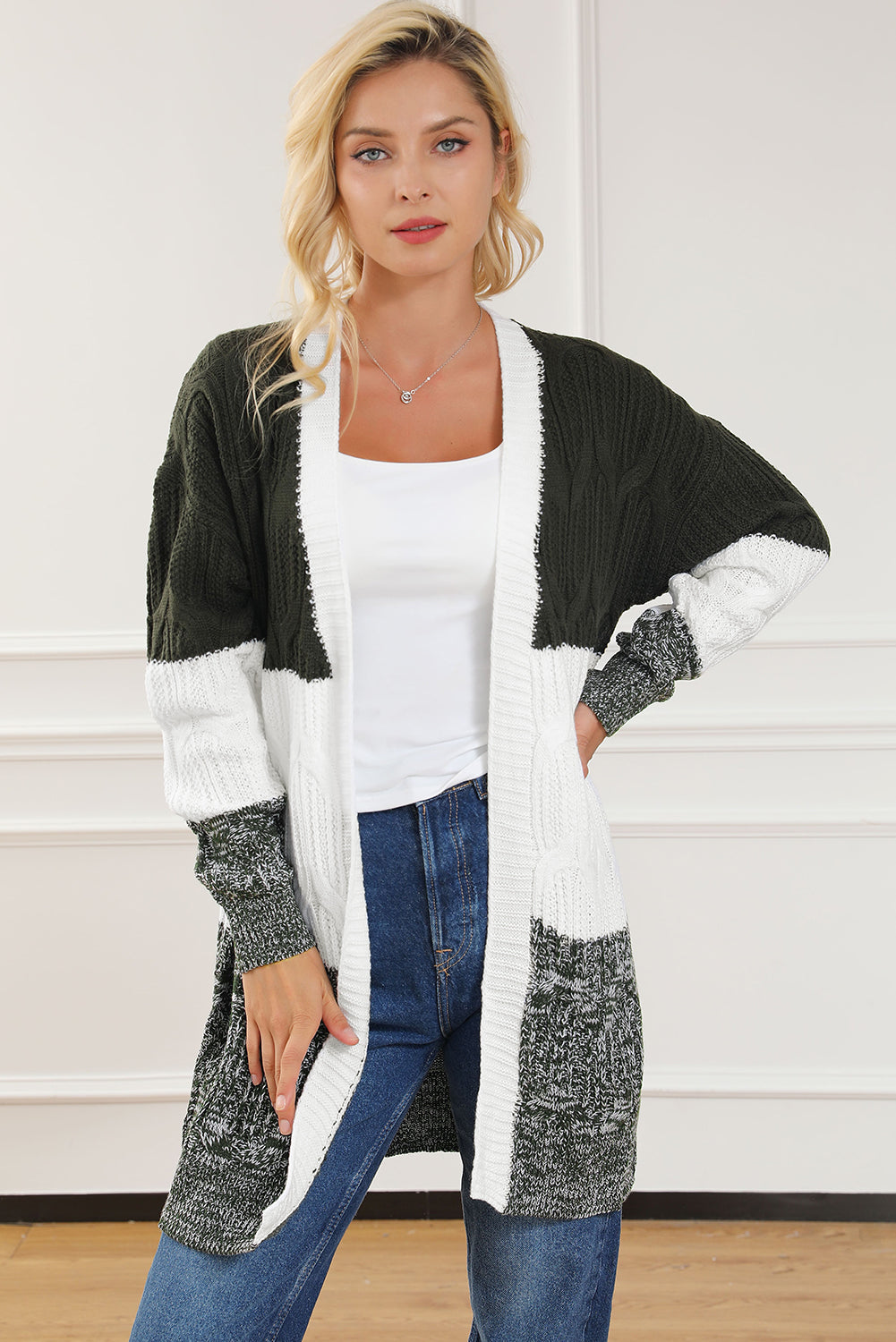 Multicolour Colorblock Textured Cable Knit Open Front Cardigan