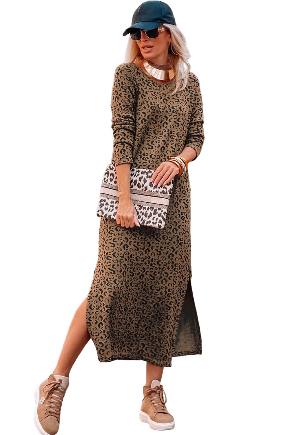 Langärmliges Kleid mit Leopardenmuster und Rundhalsausschnitt