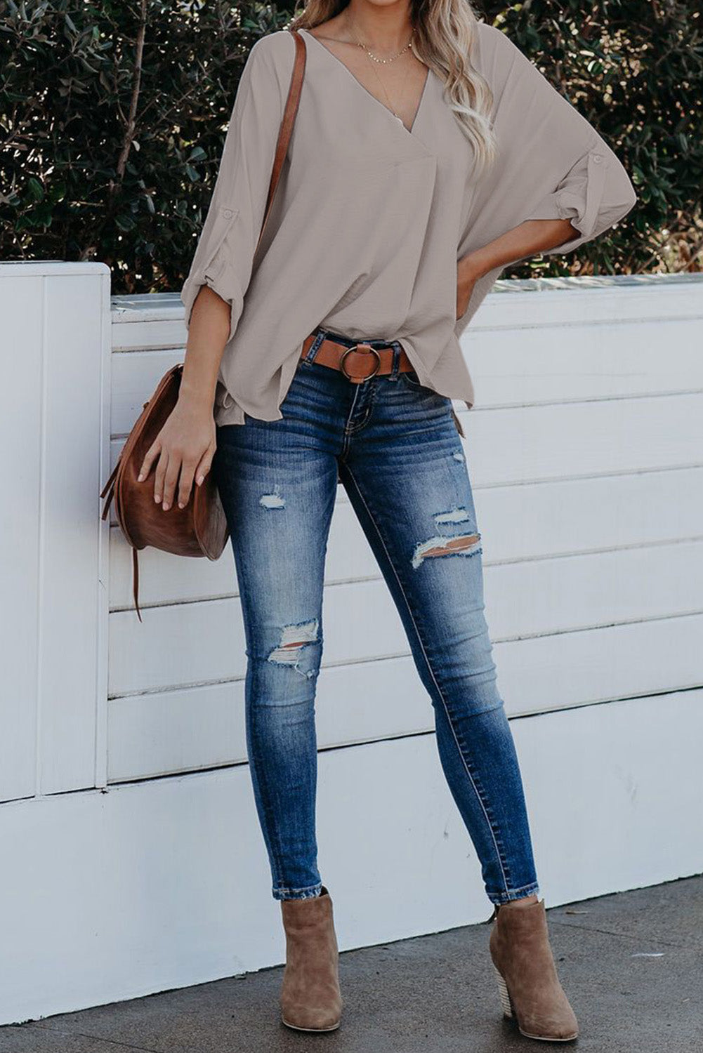 Blue V Neck 3/4 Sleeve High Low Hem Shirt