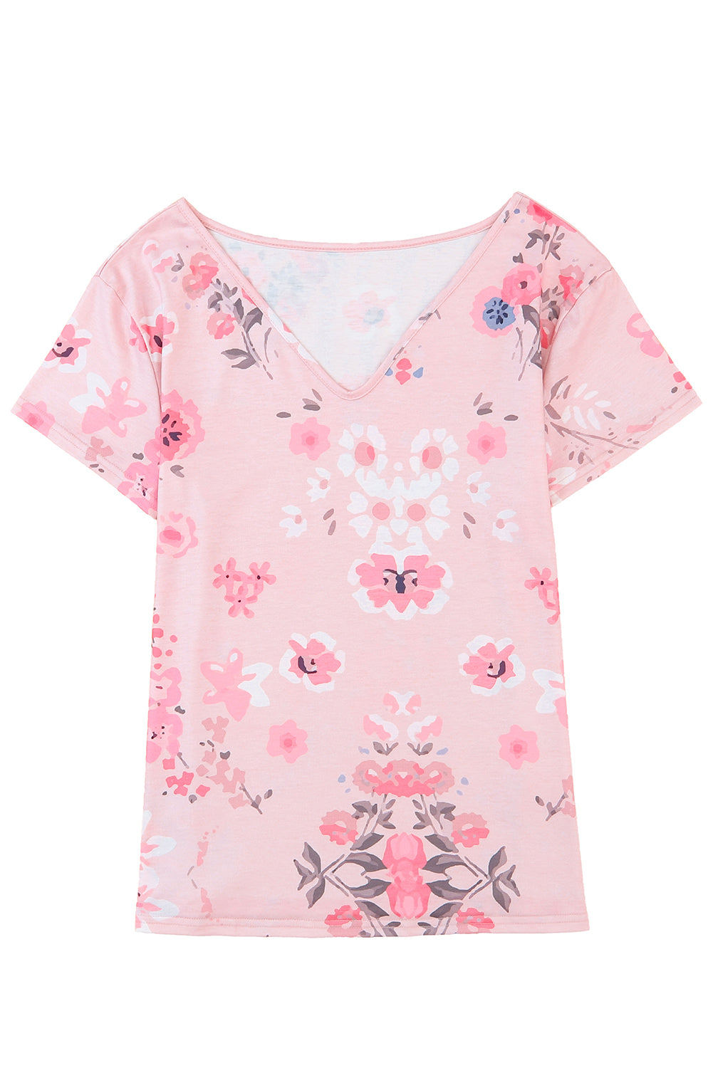 T-shirt rosa con stampa floreale con scollo a V