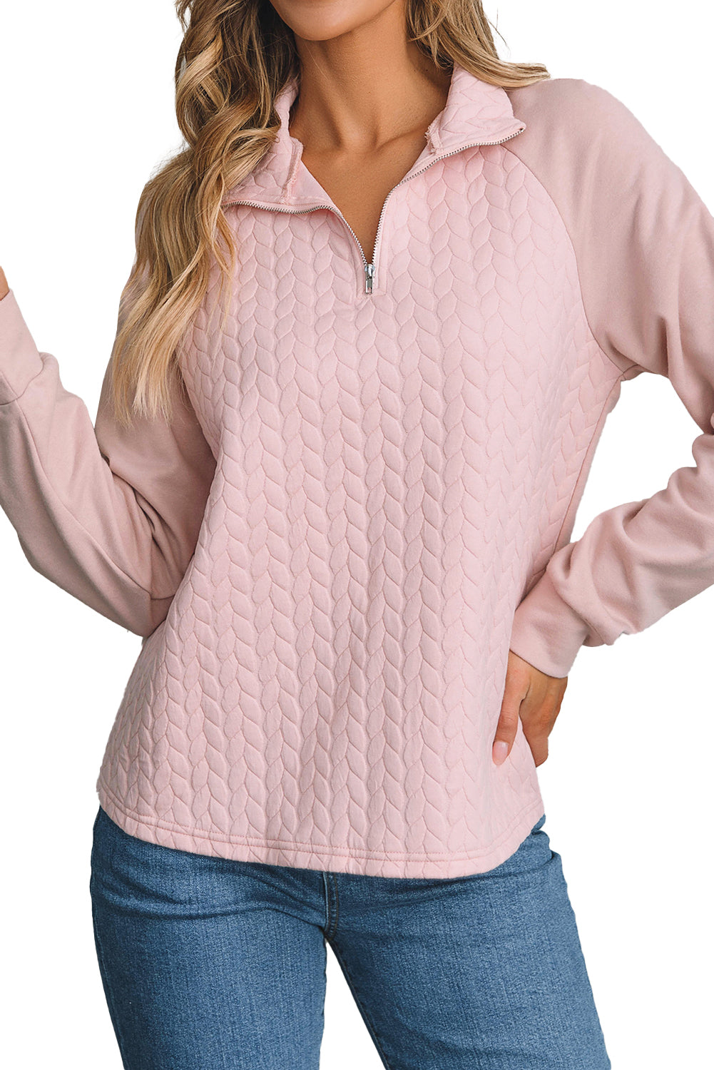 Hellkastanienfarbenes, strukturiertes Sweatshirt mit Raglanärmeln und Viertelreißverschluss