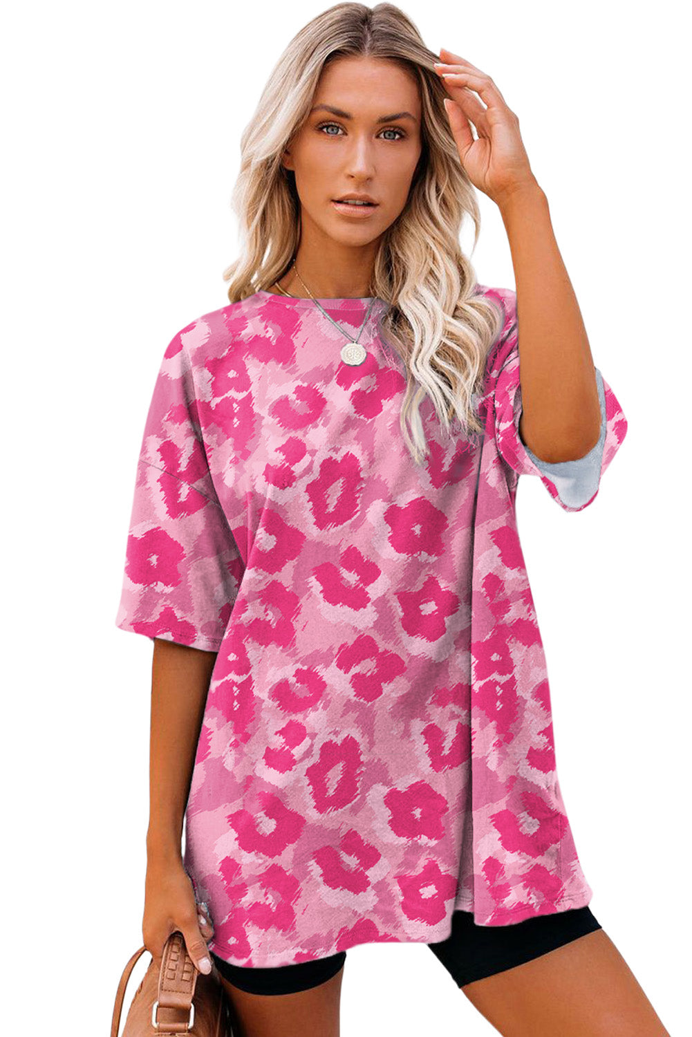 T-shirt oversize rose à manches mi-longues et imprimé léopard