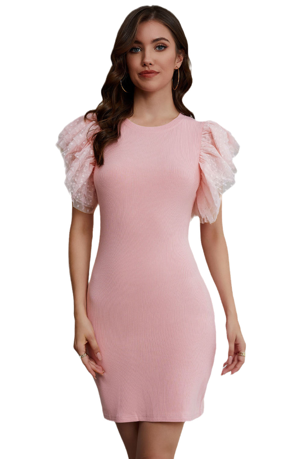 Rožnata pletena oprijeta obleka z rokavi iz tila in naborki