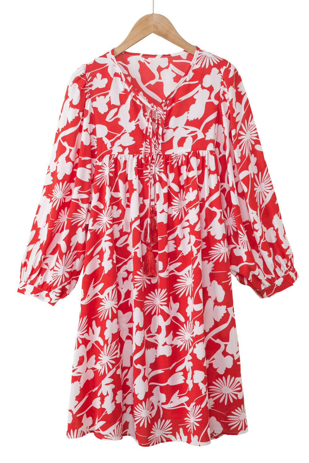 Fiery Red Floral Print Puff Sleeve Split Neck Babydoll Mini Dress