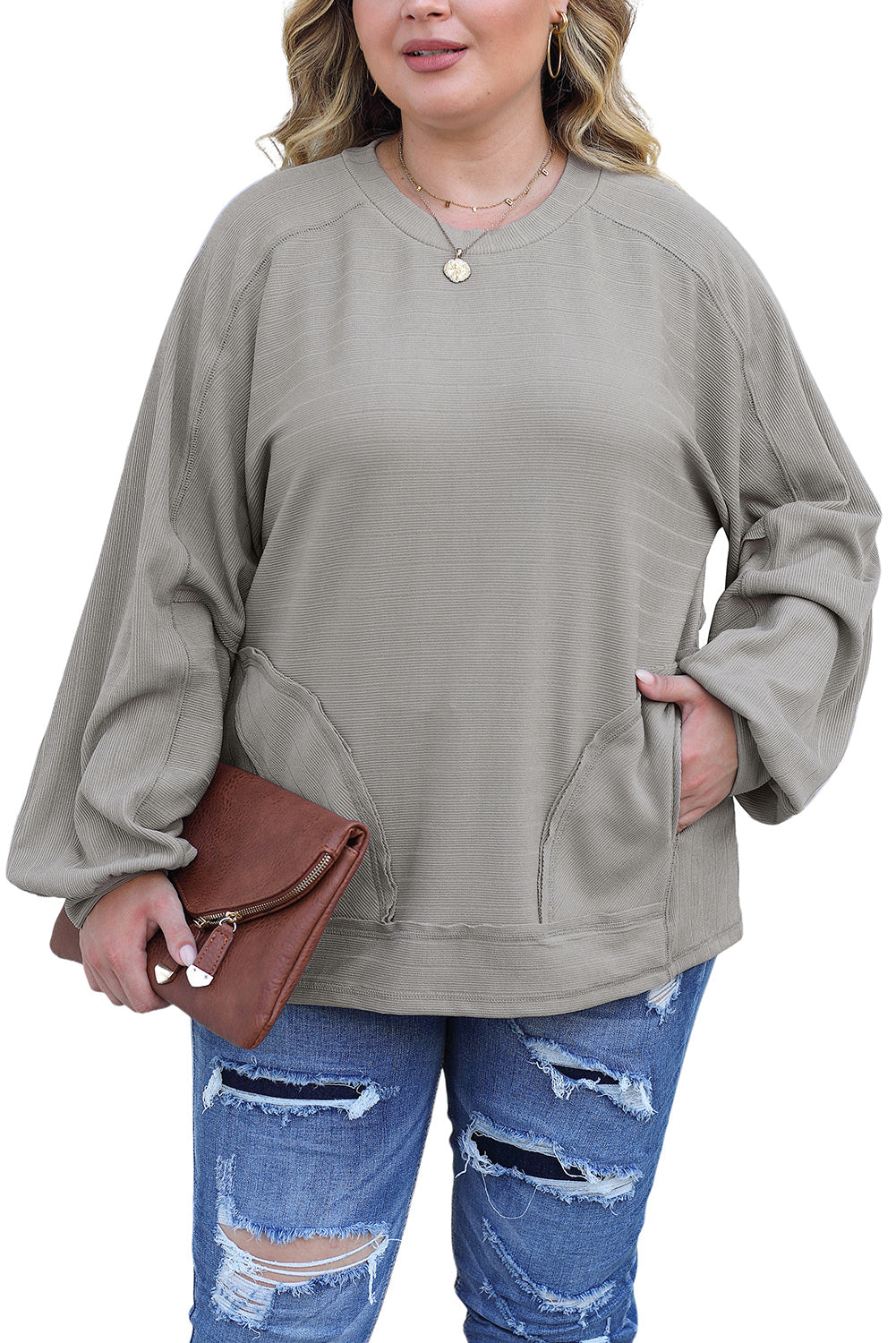 Graues, langärmliges Plus-Size-Oberteil mit gerippten Seitentaschen