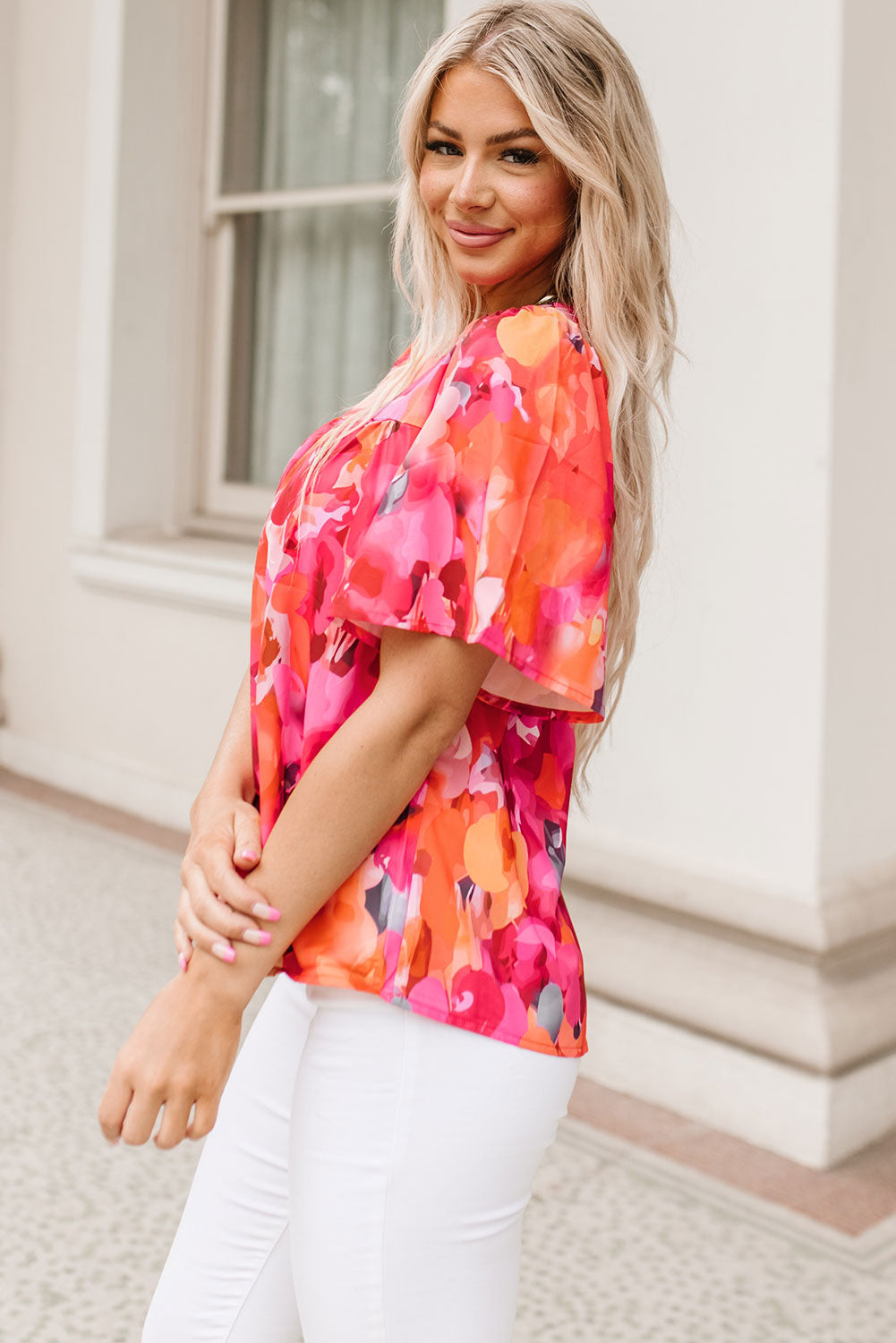 Fiery Red Floral Print Wide Sleeve Blouse