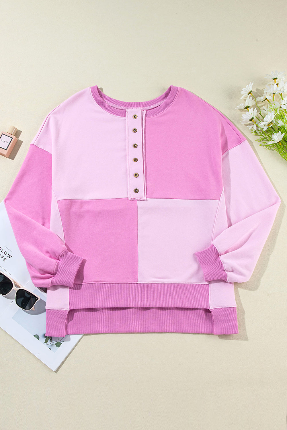 Sweat-shirt oversize rose color block Henley High Low