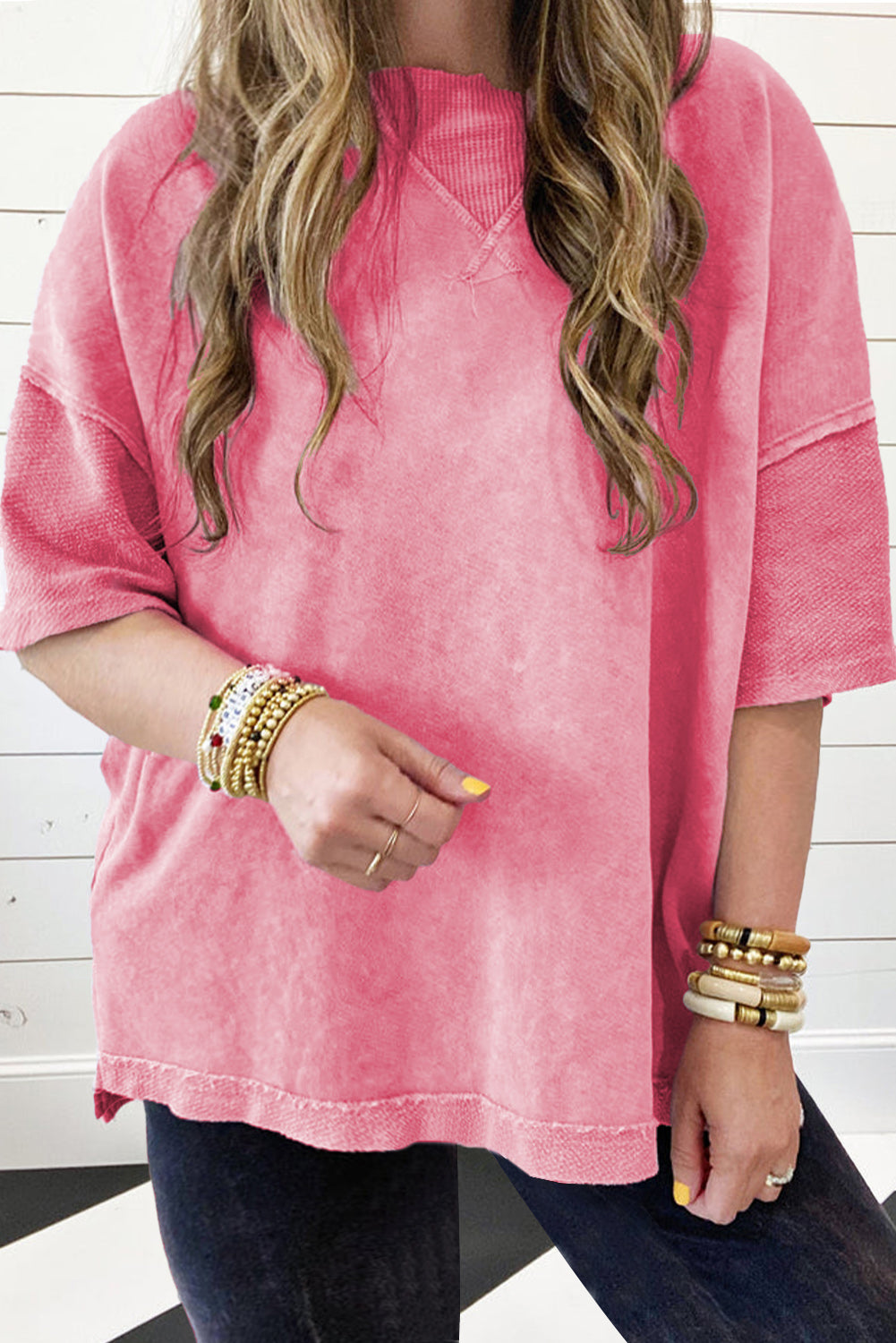 T-shirt Plus patchwork con maniche a goccia con lavaggio minerale rosa fragola