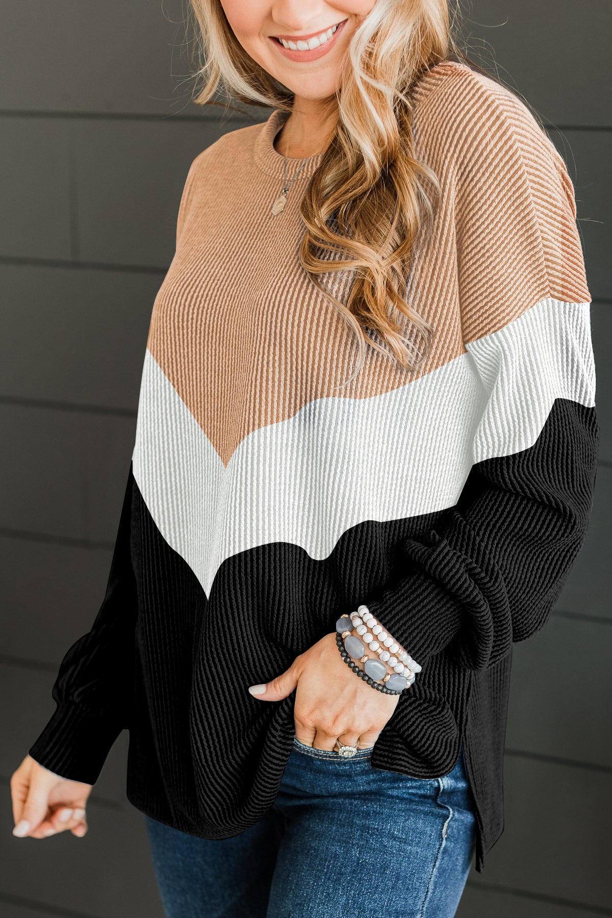 Black Color Block Corded Texture Long Sleeve Top