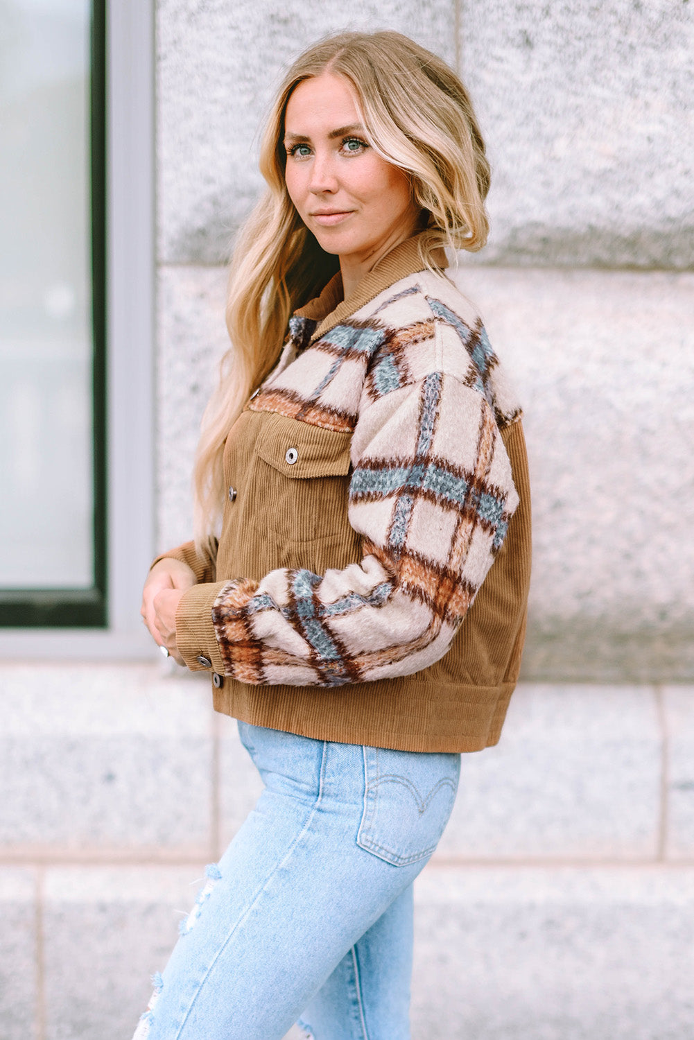 Green Plaid Corduroy Flap Pockets Boxy Chunky Jacket