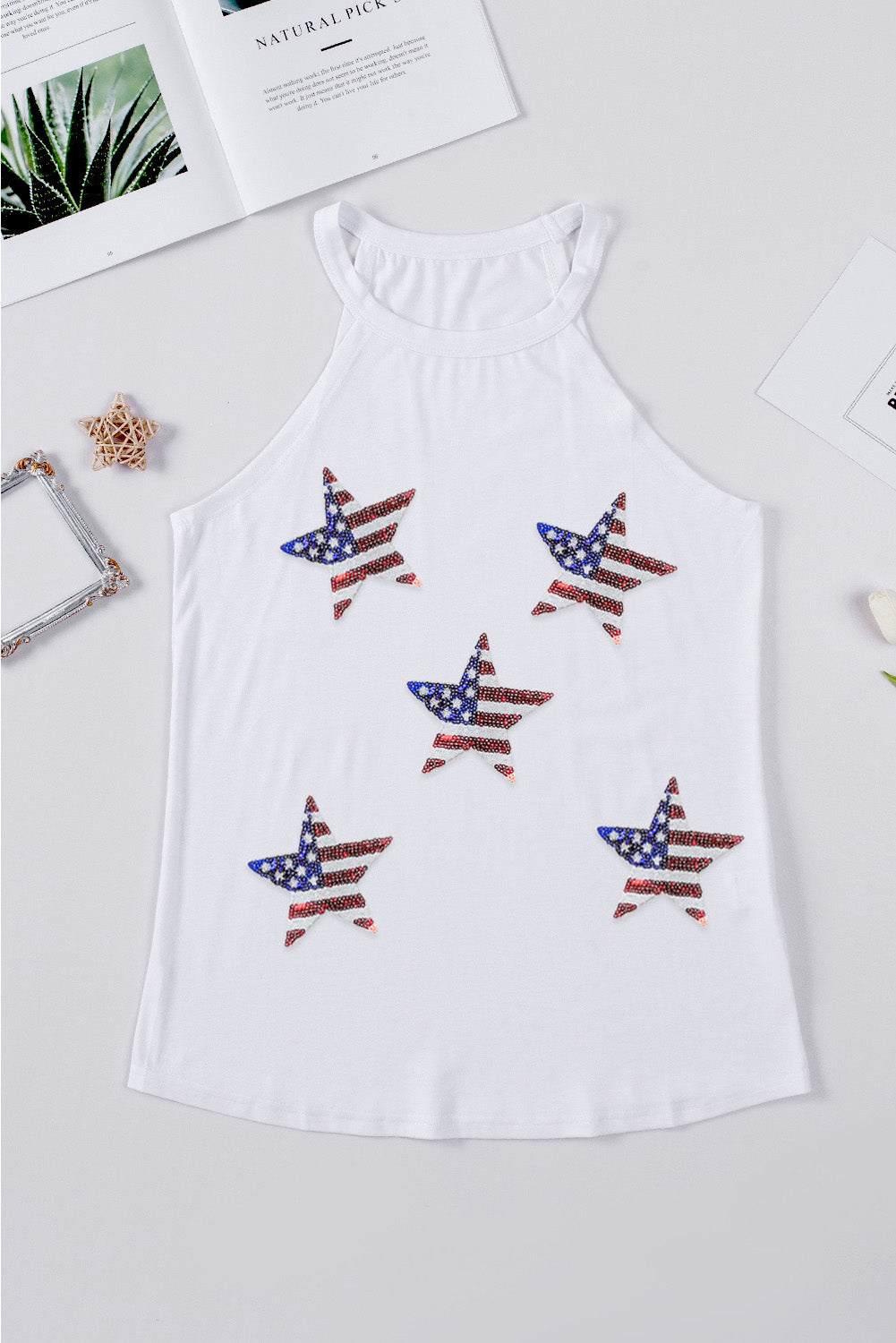 Débardeur blanc à paillettes avec motif étoile et drapeau américain