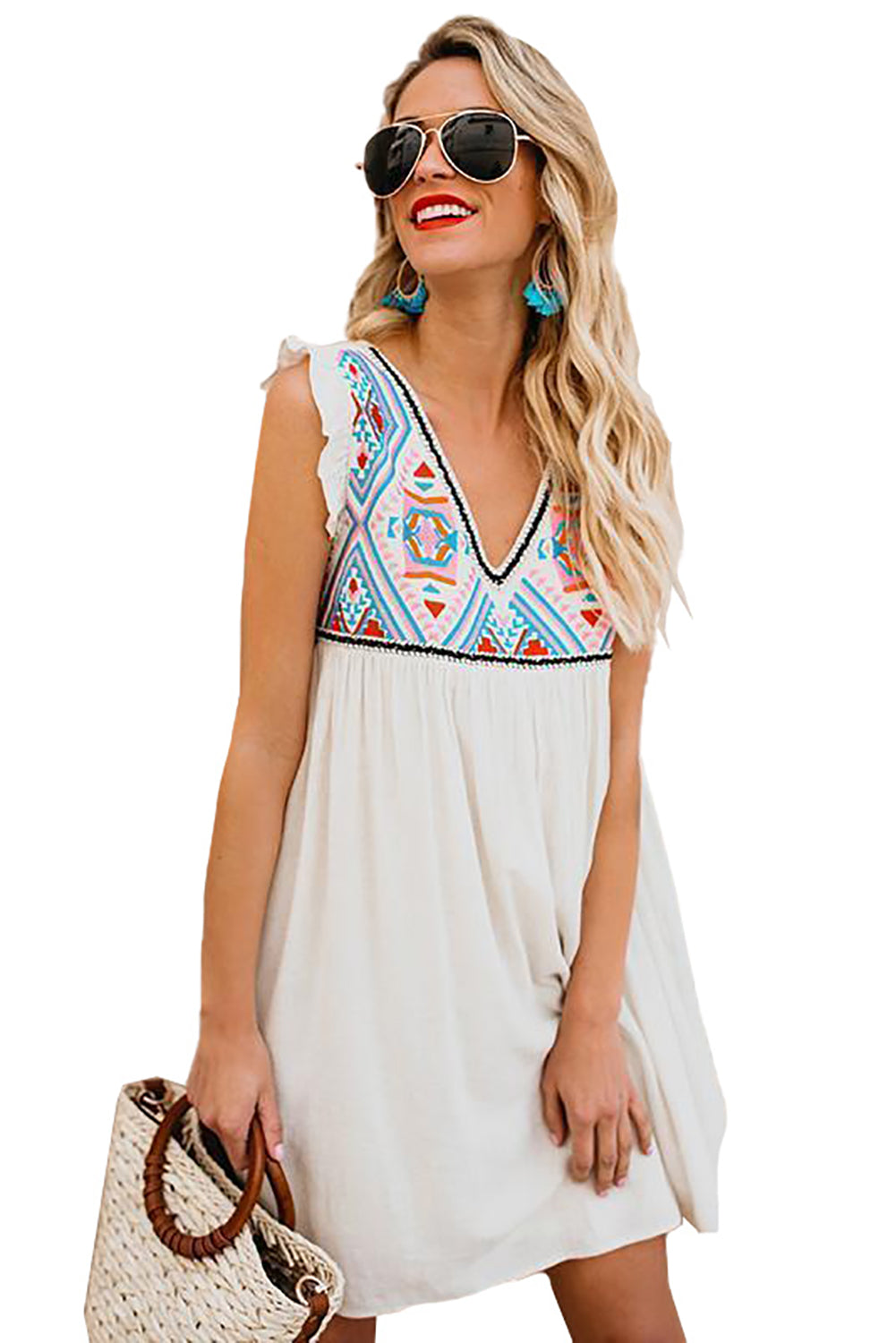 Ljetna mini haljina bez rukava s V izrezom za plažu s cvjetnim motivima