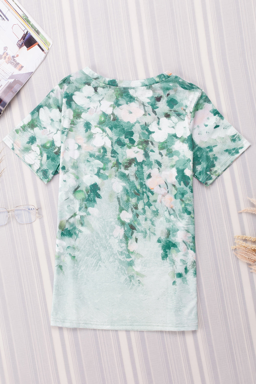 Green Floral Print Shift Fit V Neck T Shirt