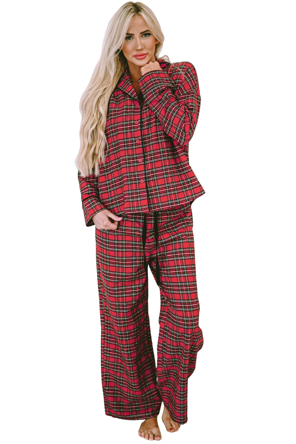 Fiery Red Tartan Plaid Print Long Sleeve Shirt and Pants Pajama Set