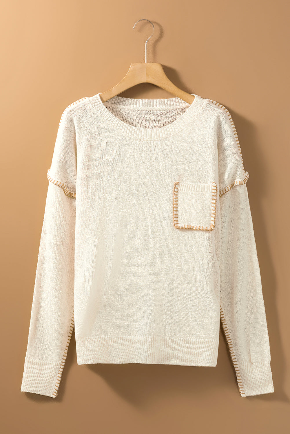 Beige Exposed Stitching Chest Pocket Drop Shoulder Sweater