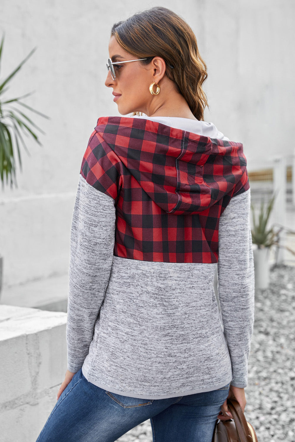 Fiery Red Plaid Splicing Pocketed Gray Hoodie