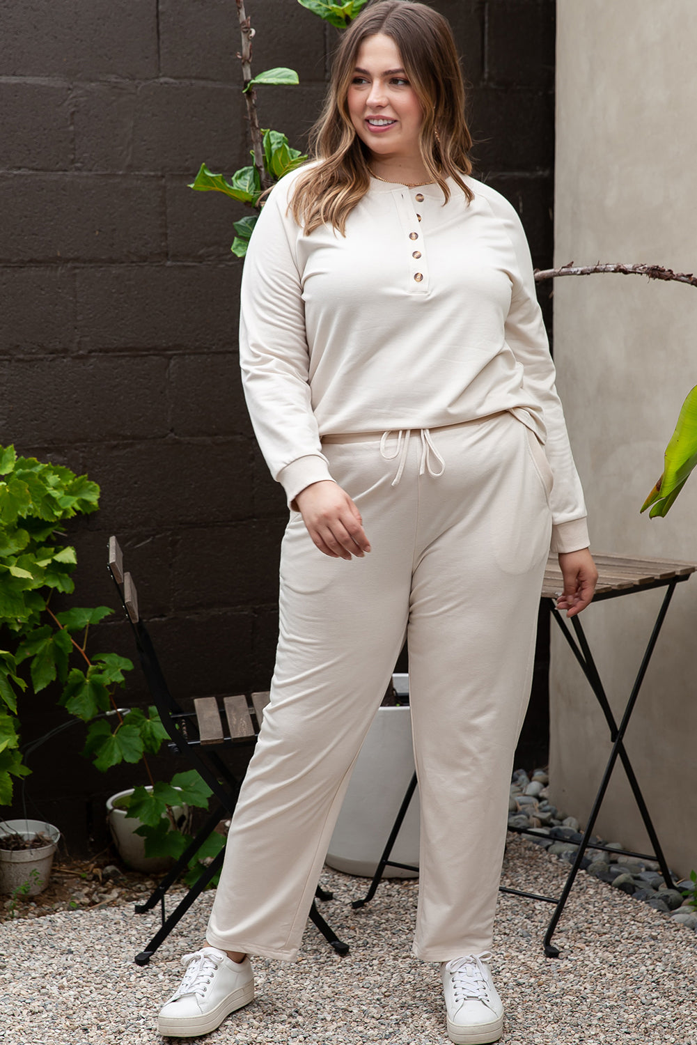Apricot Plus Size Long Sleeve Henley Top Drawstring Pants Outfit