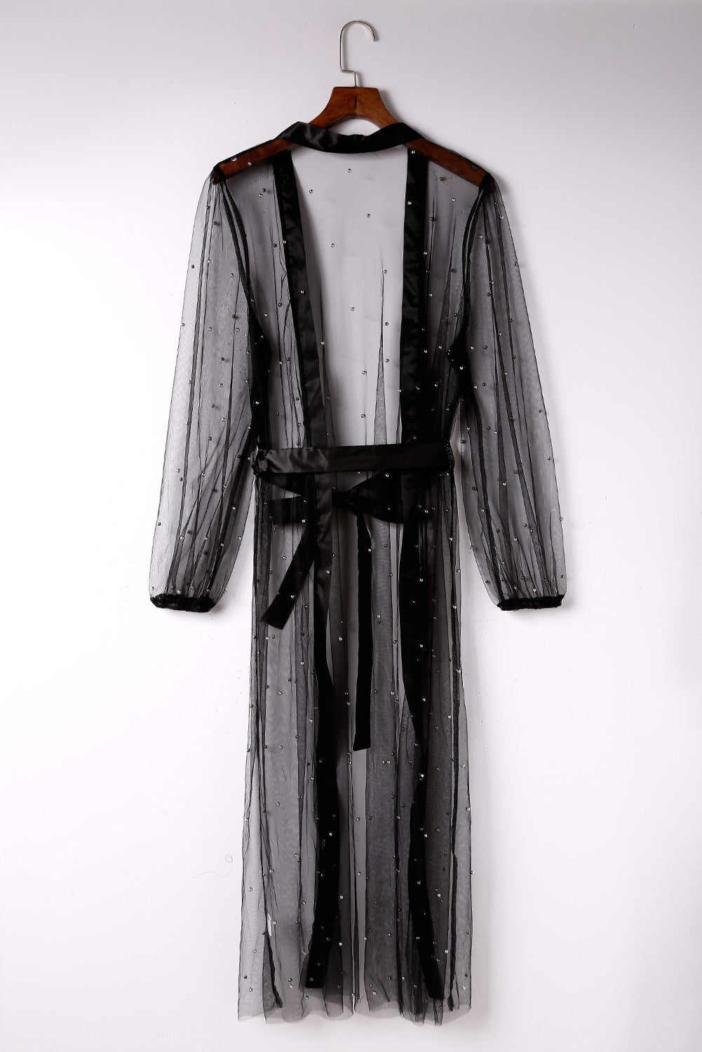 Schwarzer, transparenter Duster-Kimono aus verziertem Tüll