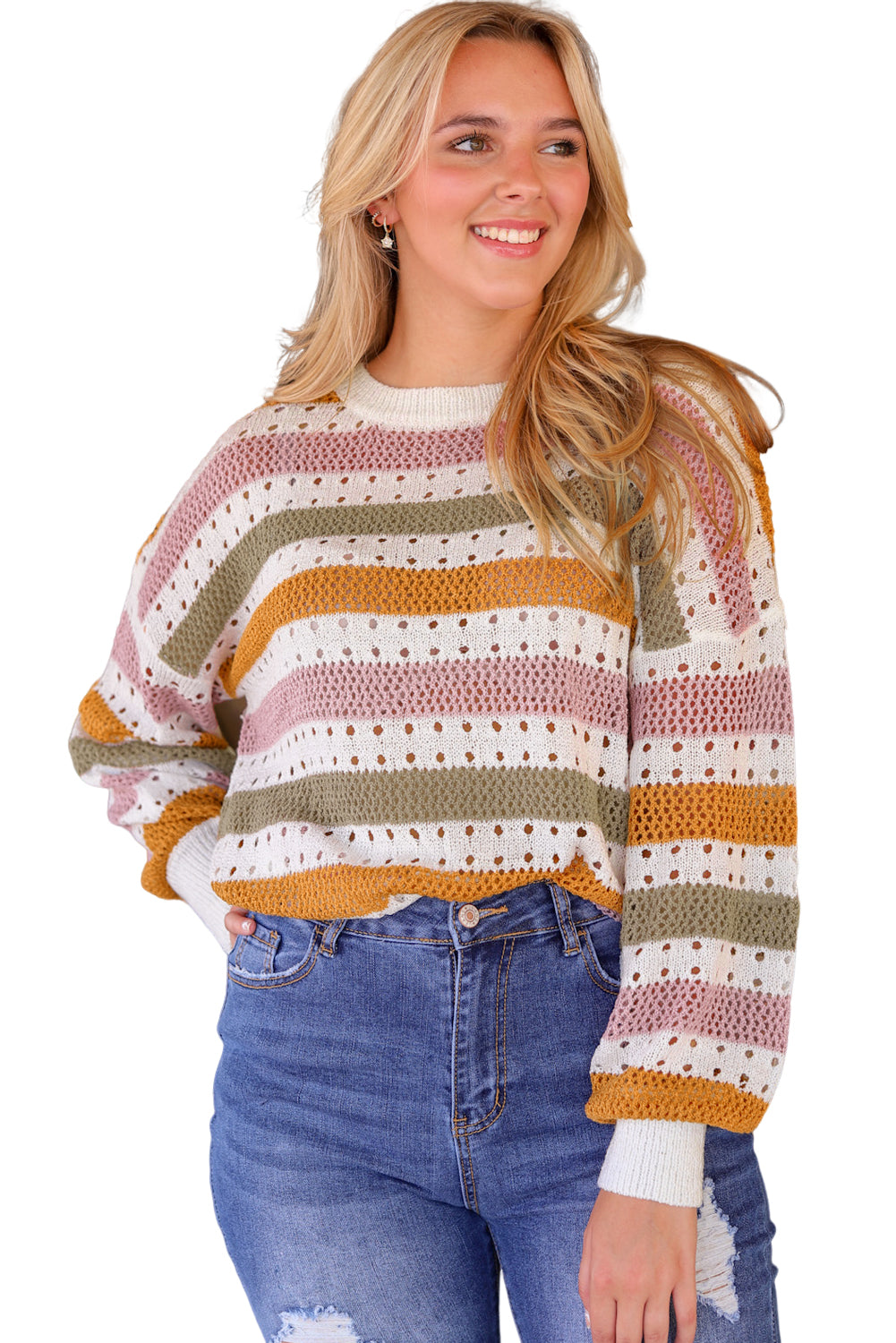 Tanko-rjavi črtasti izdolbeni pleteni ohlapen pulover
