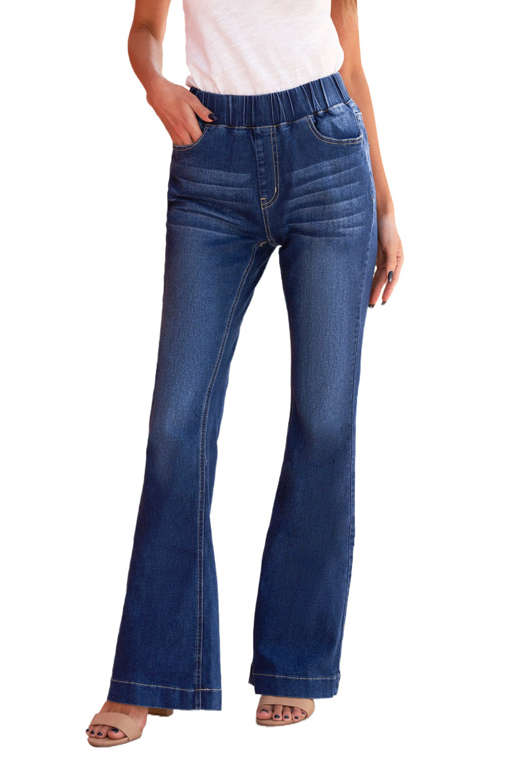 Blaue Flare-Jeans mit hohem Bund und elastischem Bund