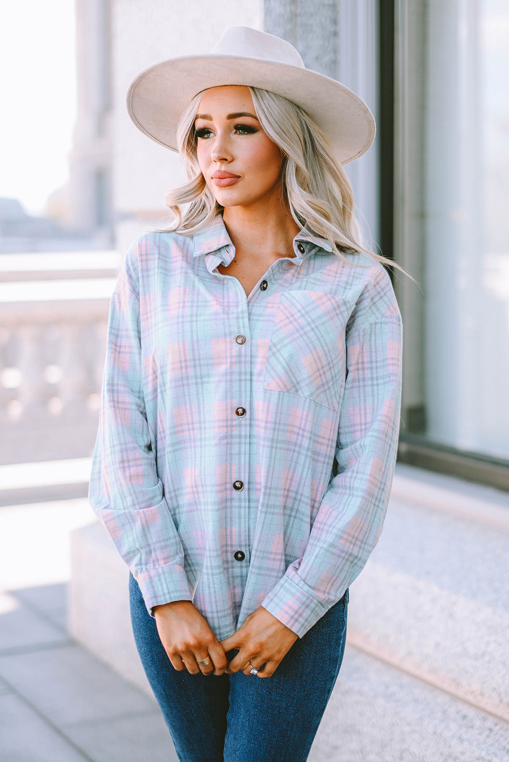 Pink Collared Neckline Plaid Pattern Long Sleeve Shirt